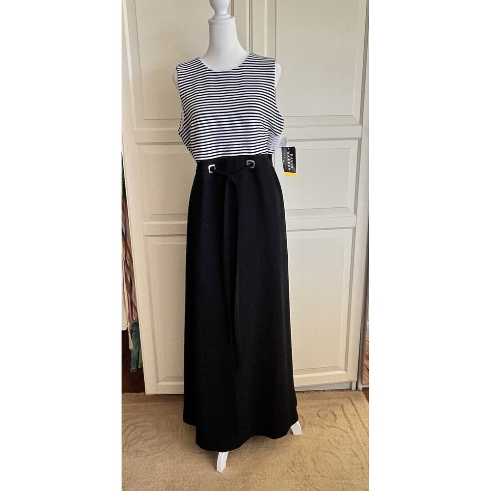 NWT David Warren Sz 12 Stretch Knit A-line Maxi Dress Stripes Black And White